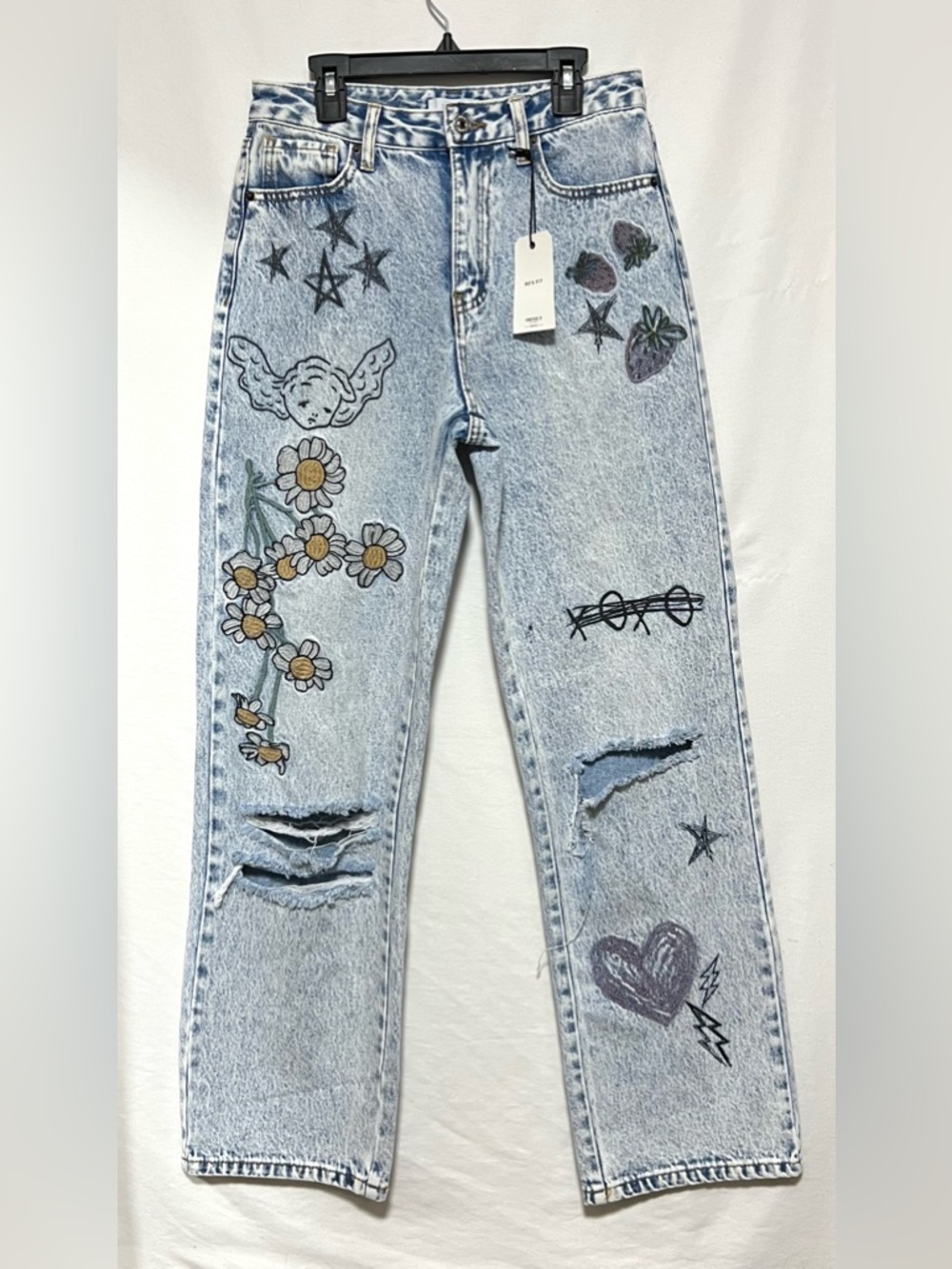 NWT Forever 21 High-Rise 90’s Loose Fit Straight Jeans Graphic Embroidery Ripped - Picture 2 of 12